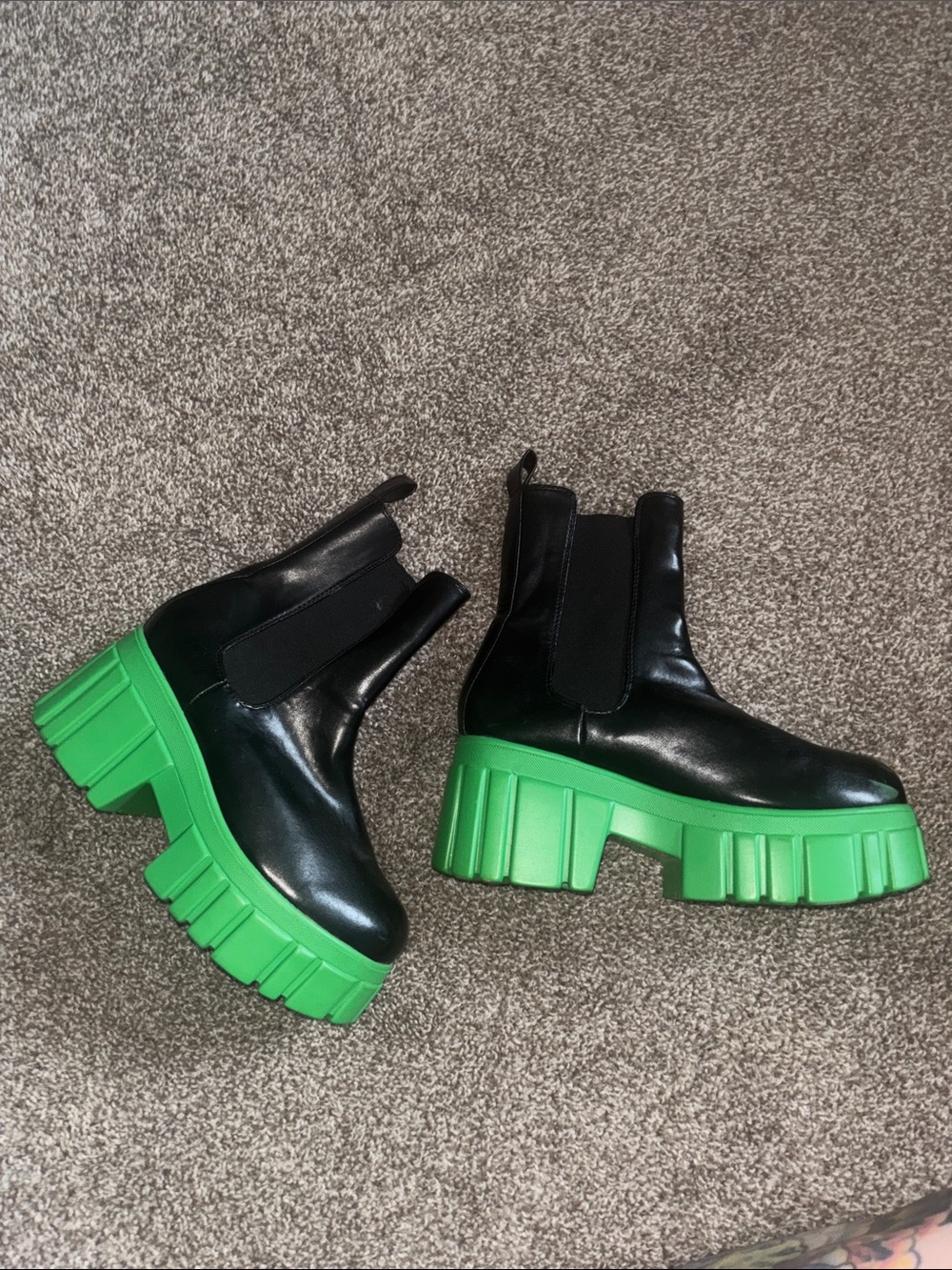 Black Leather Chelsea Boots with Green Platform Sole